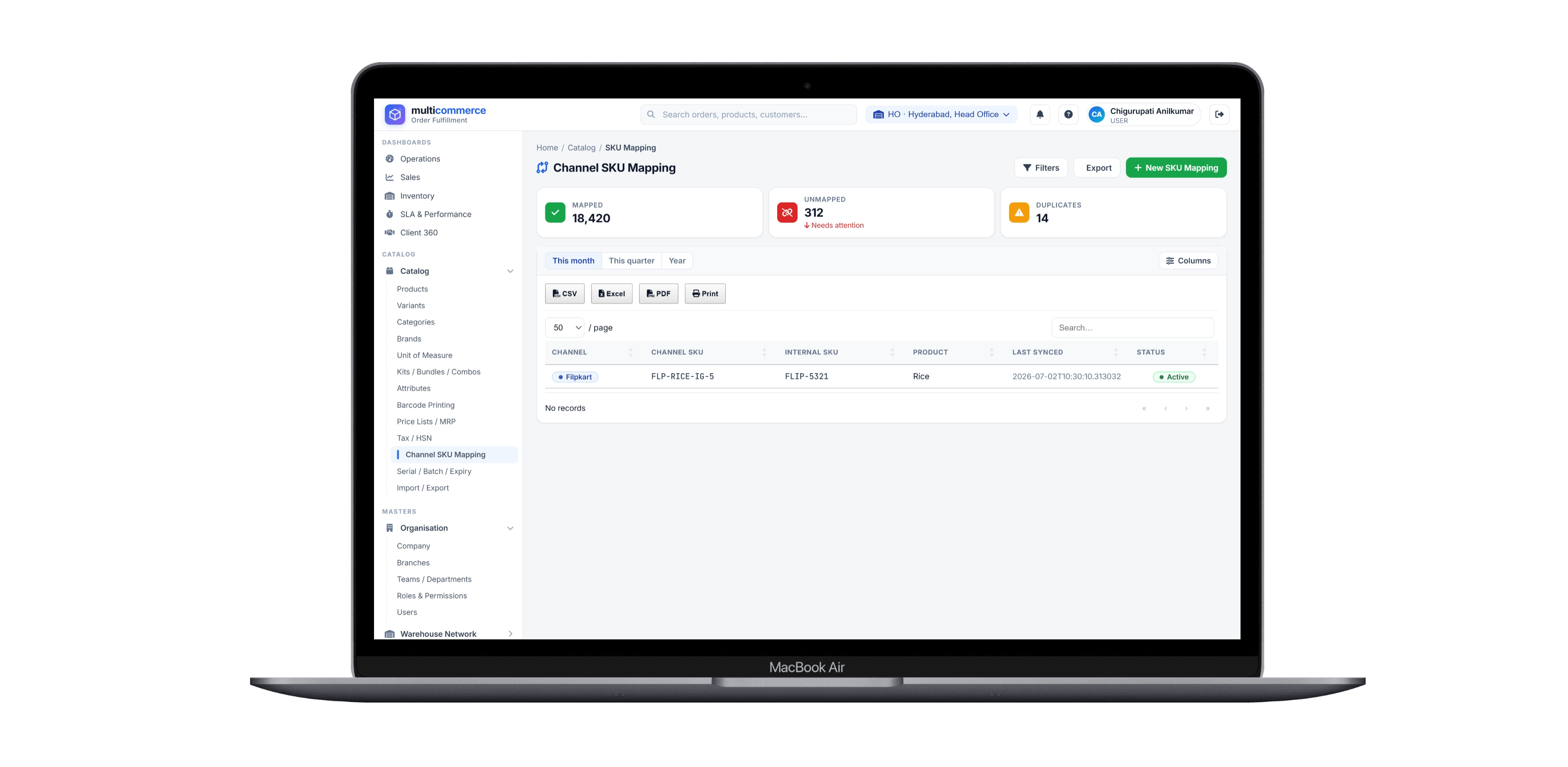 Ala 3PL multi-channel integrations - marketplace channel SKU mapping and sync status