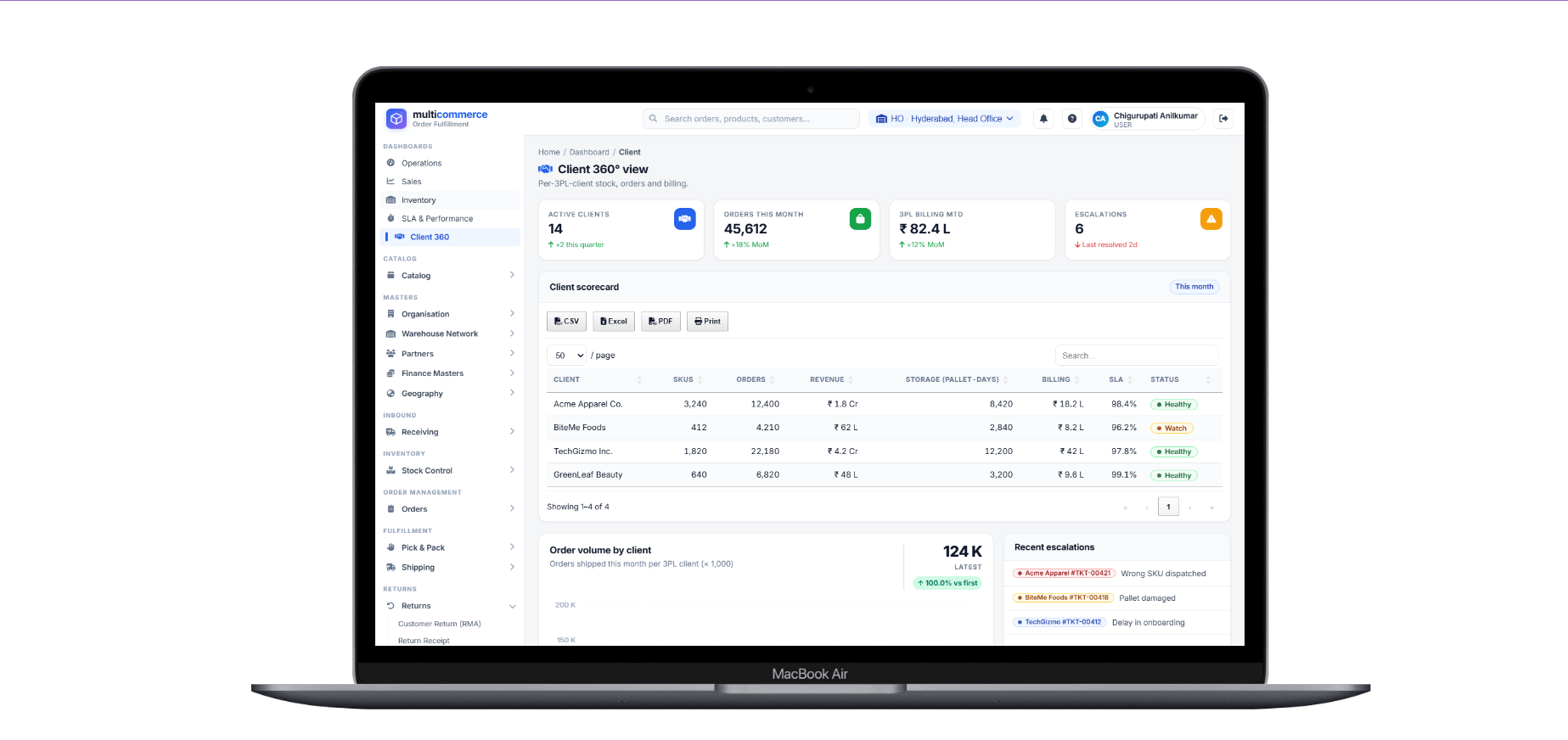 Ala 3PL client 360 view - per-client stock, orders, billing, SLA and escalations