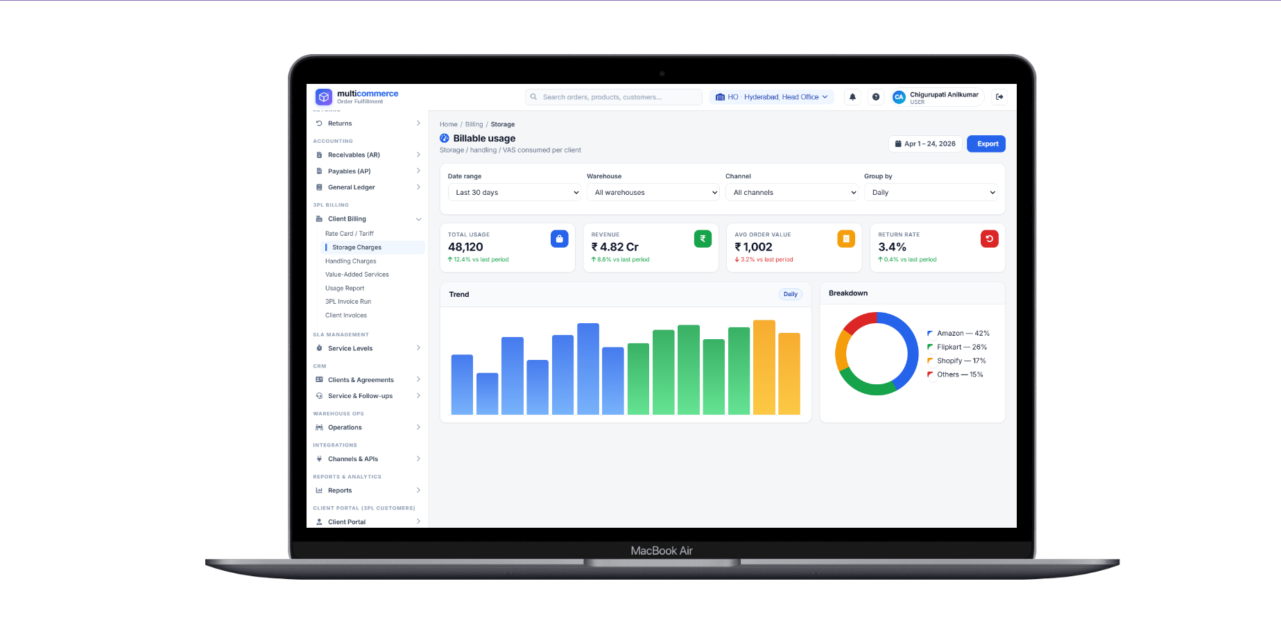 Ala 3PL client billing - billable storage, handling and value-added service usage per client