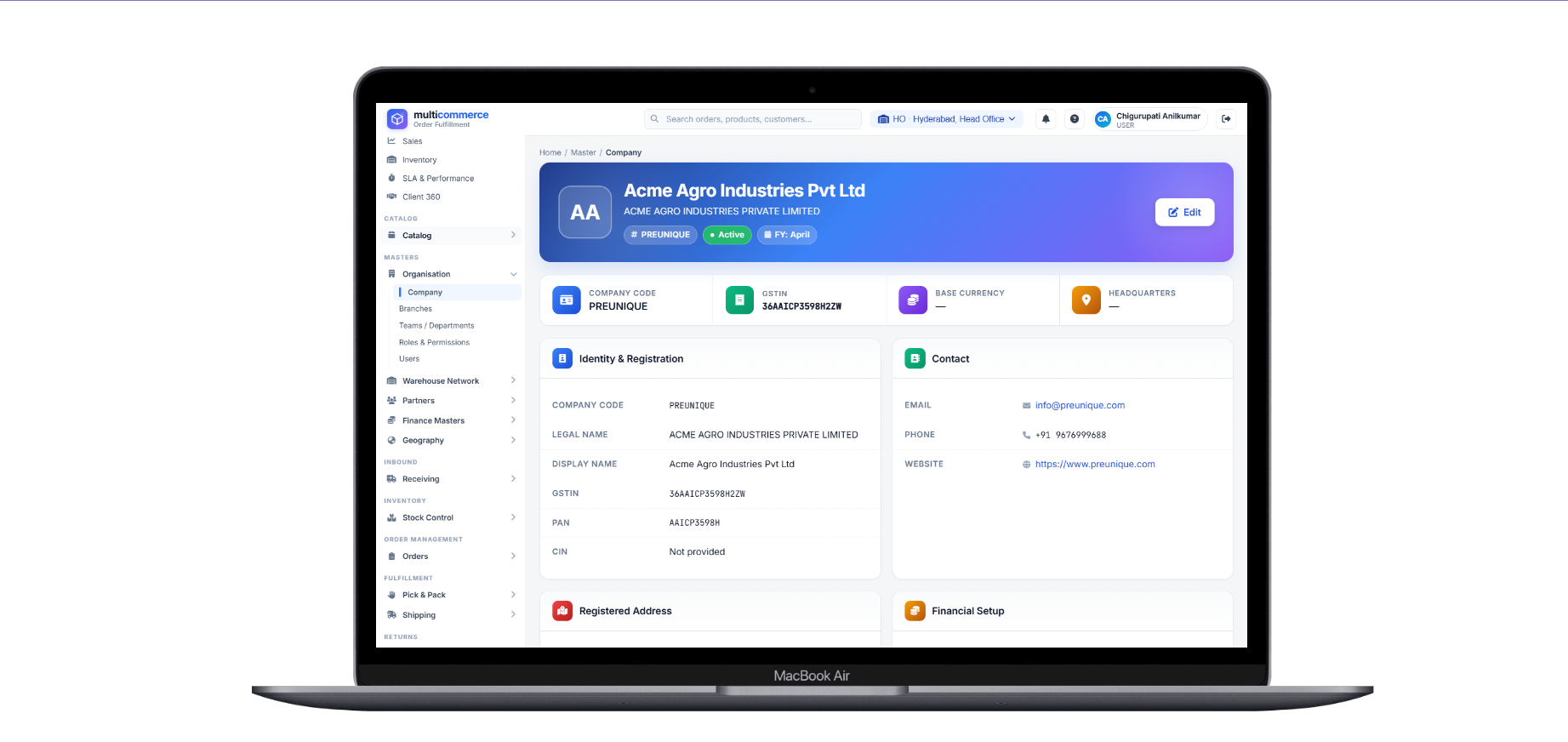 Company Master screen in the Ala platform
