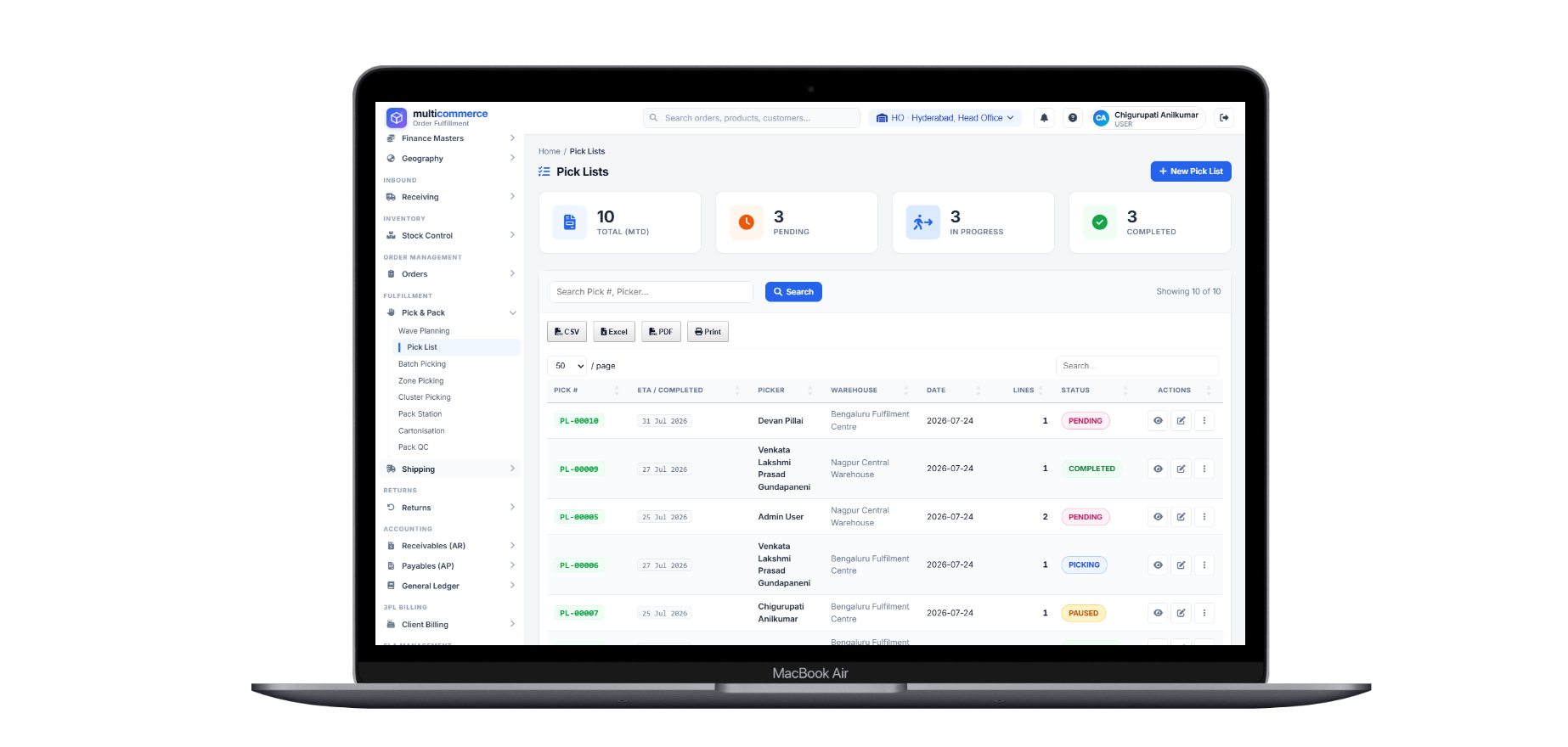 Ala 3PL pick lists - wave picking tasks by picker, warehouse and status