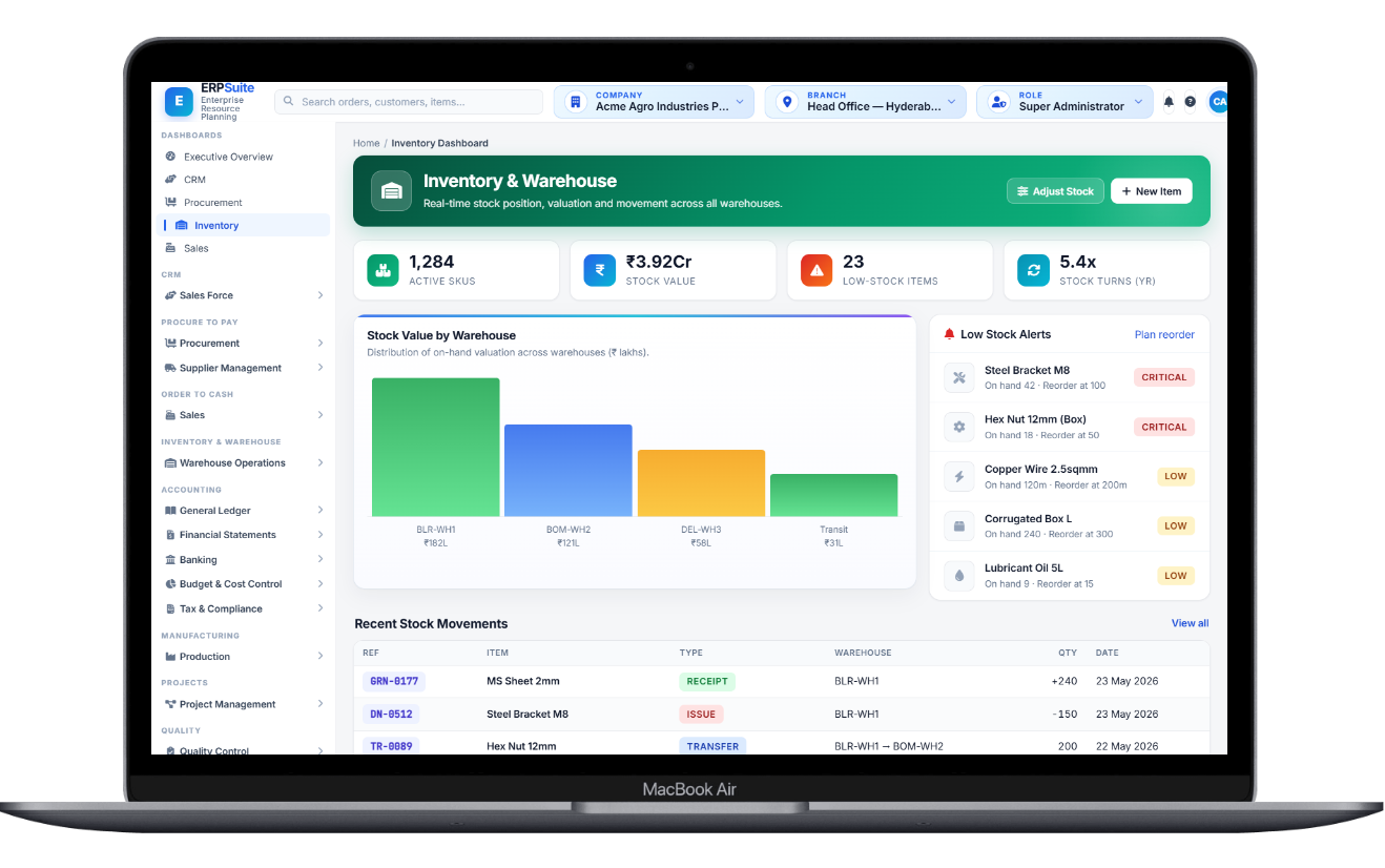 Ala ERP inventory and warehouse dashboard - stock value by warehouse, low stock alerts and recent stock movements