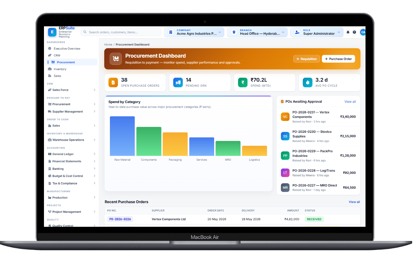 Ala ERP procurement dashboard - open purchase orders, pending GRN, spend by category and POs awaiting approval