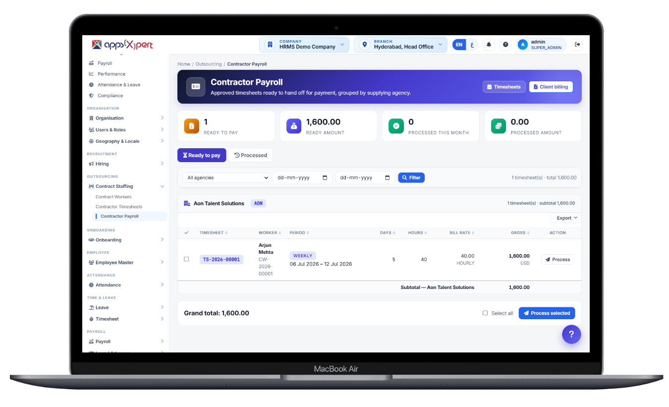 Ala HRMS contractor payroll - approved timesheets ready for payment, grouped by supplying agency