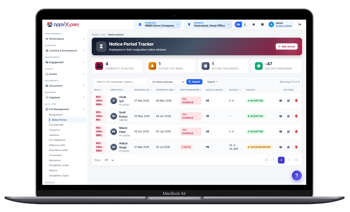 Ala HRMS exit management - notice period tracker for employees in their resignation window