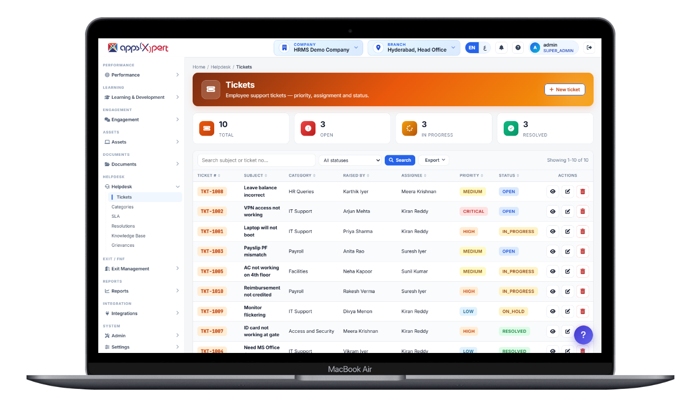 Ala HRMS helpdesk - employee support tickets with priority, assignment and status