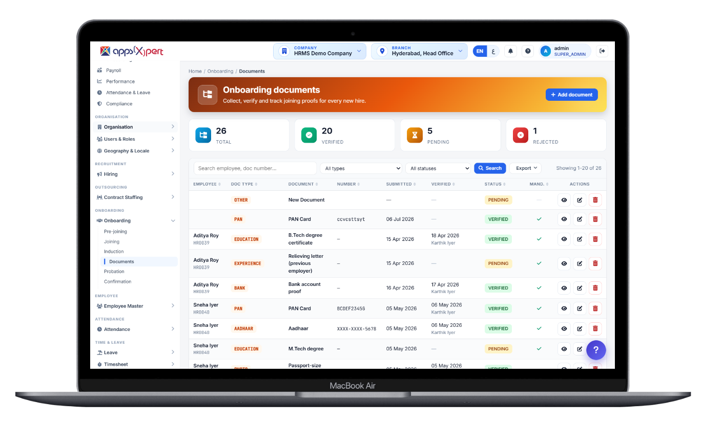 Ala HRMS onboarding documents - collect, verify and track joining proofs for every new hire