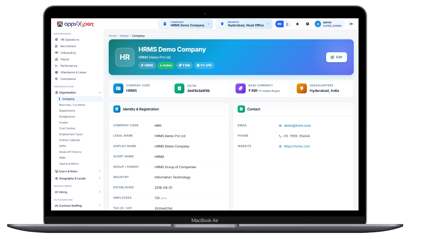 Company Master screen in Ala HRMS