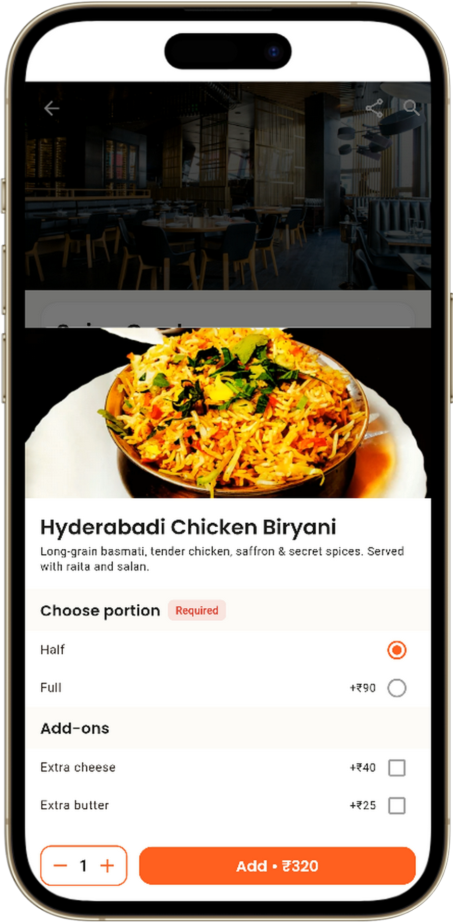 Savora dish customisation screen