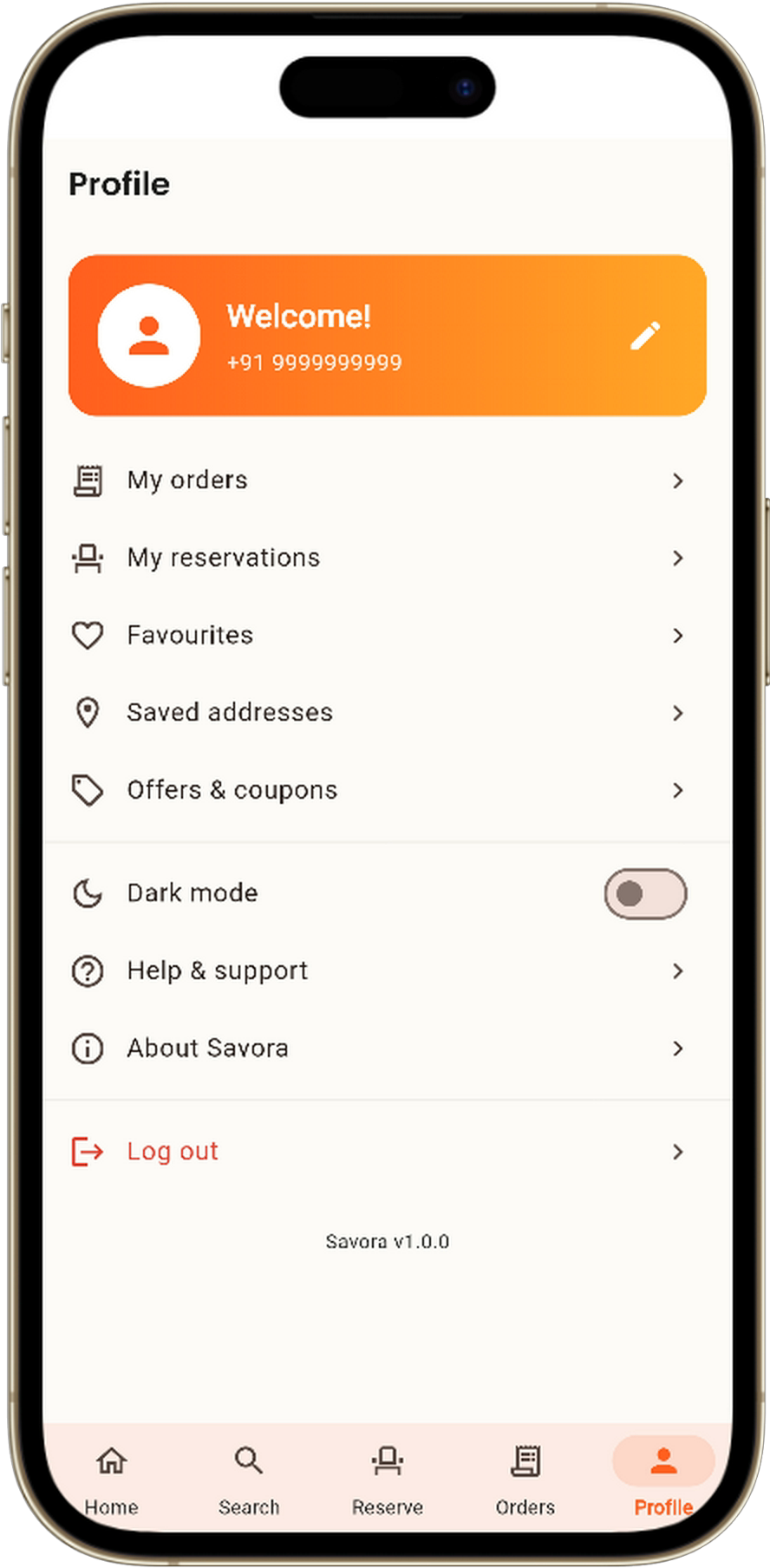 Savora profile screen